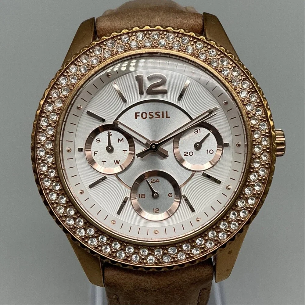 Fossil ES3816 Womens Watch 37mm Silver Tone Crystals Brown Leather New Battery